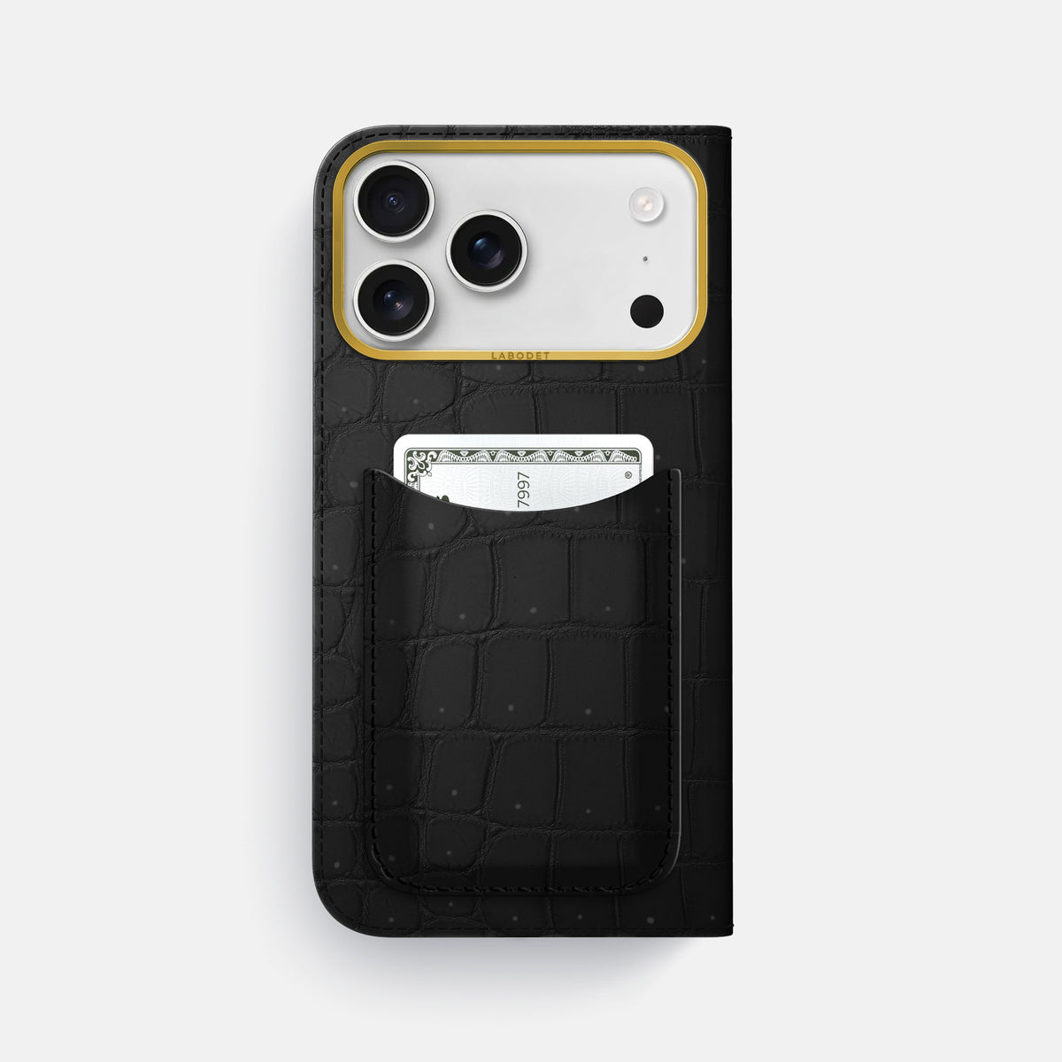 Folio Case with Card For iPhone 17 Pro Max In Porosus Crocodile -3 | Black-Gold