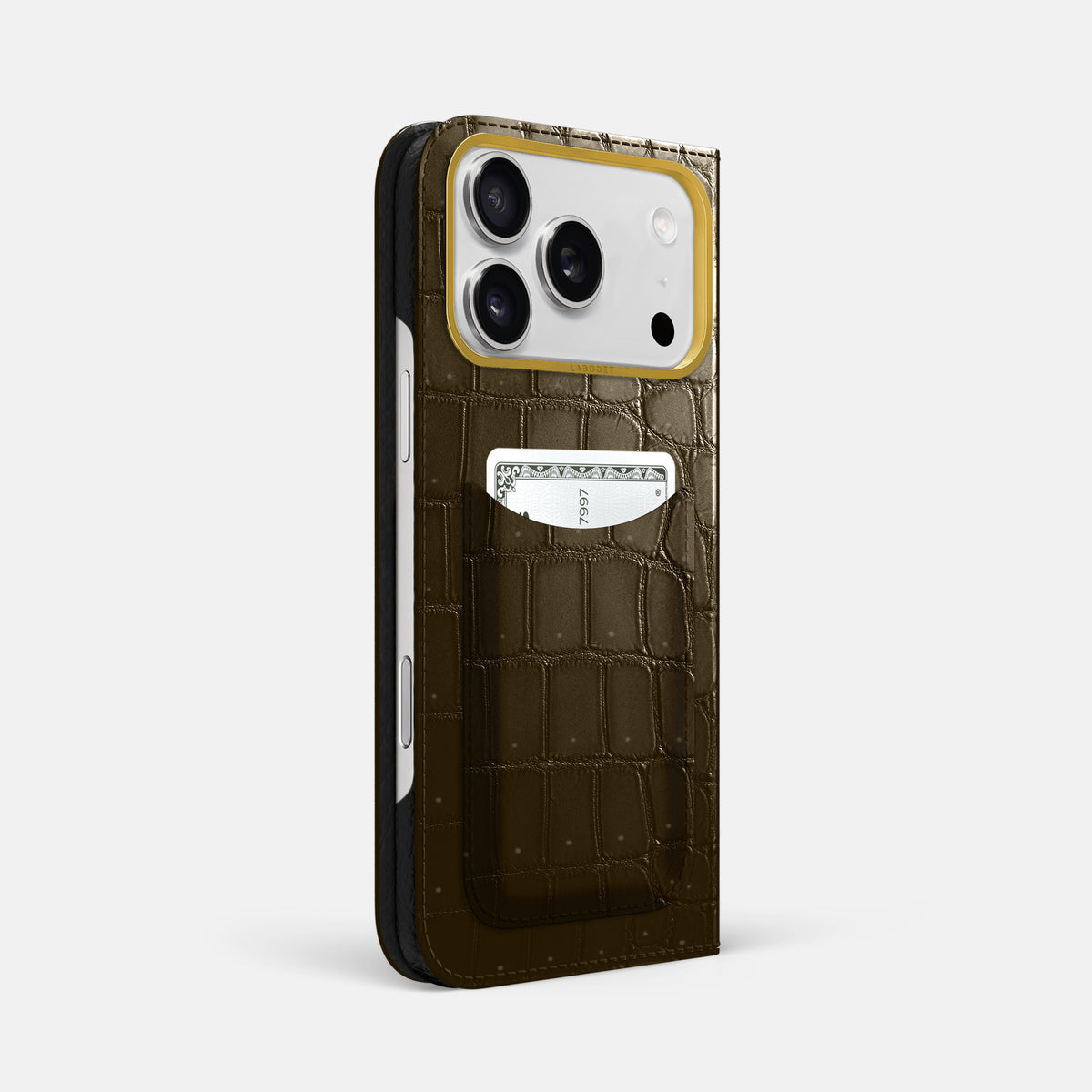 Folio Case with Card For iPhone 17 Pro Max In Porosus Crocodile -1 | Bronze-Gold