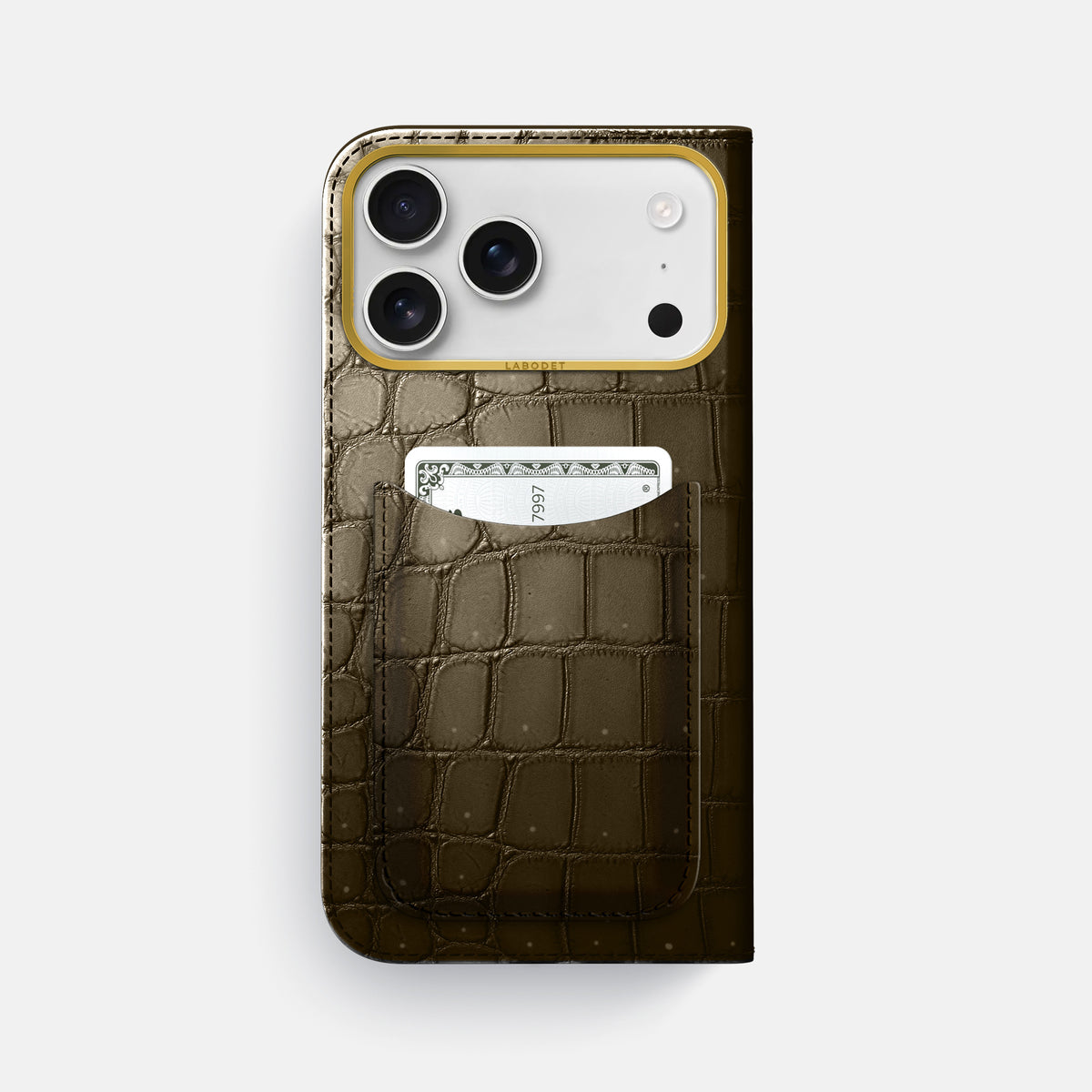 Folio Case with Card For iPhone 17 Pro Max In Porosus Crocodile -3 | Bronze-Gold