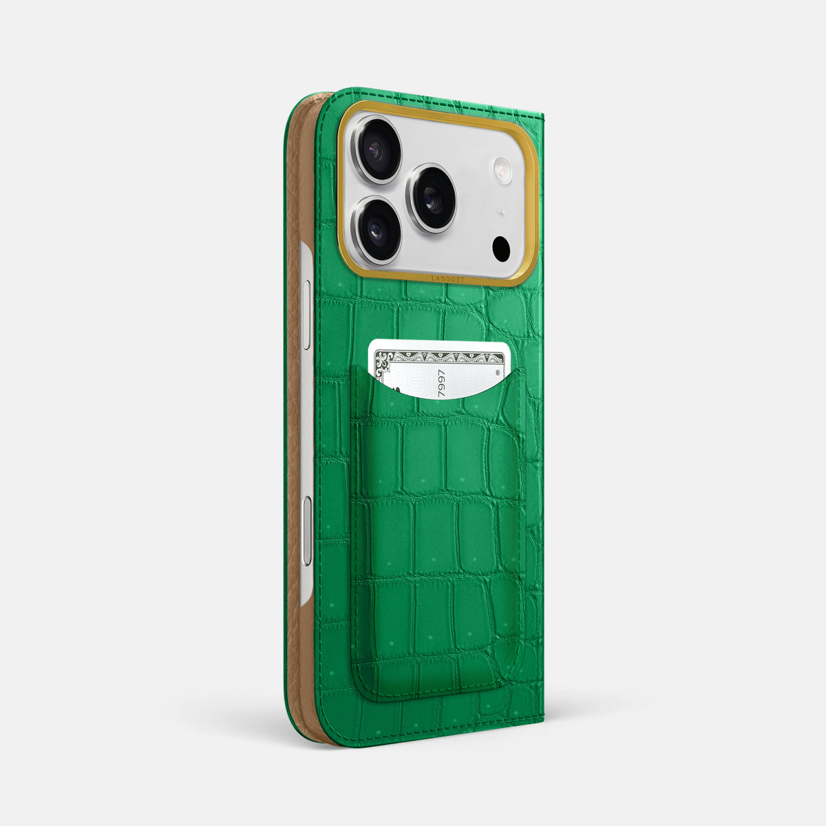 Folio Case with Card For iPhone 17 Pro Max In Porosus Crocodile -1 | Cactus-Green-Gold