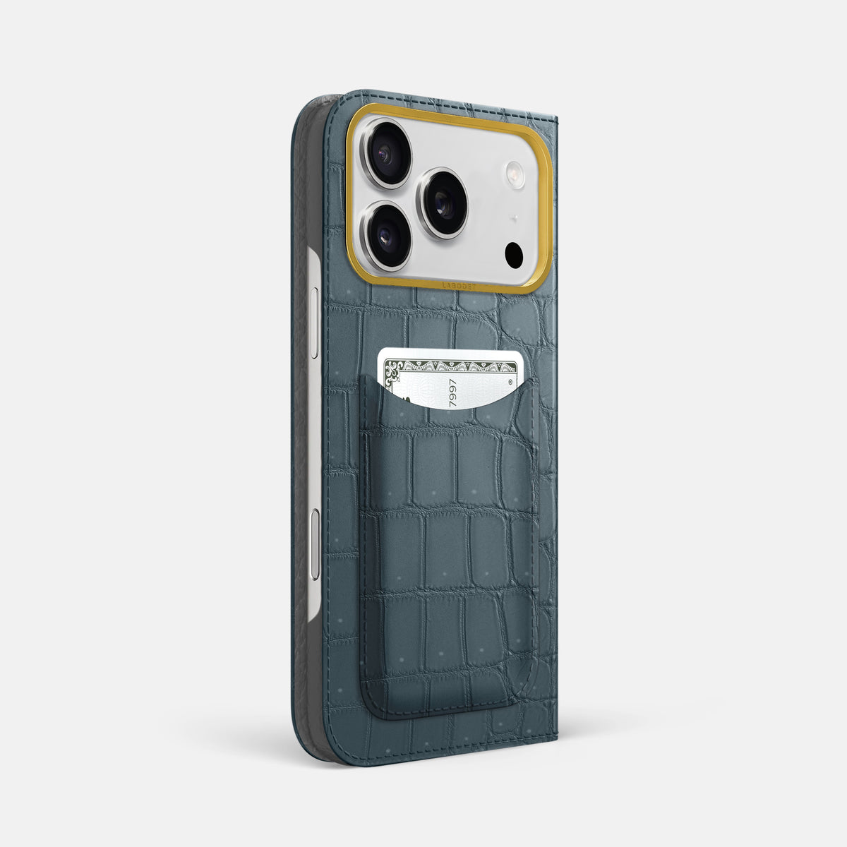 Folio Case with Card For iPhone 17 Pro Max In Porosus Crocodile -1 | Denim-Gold