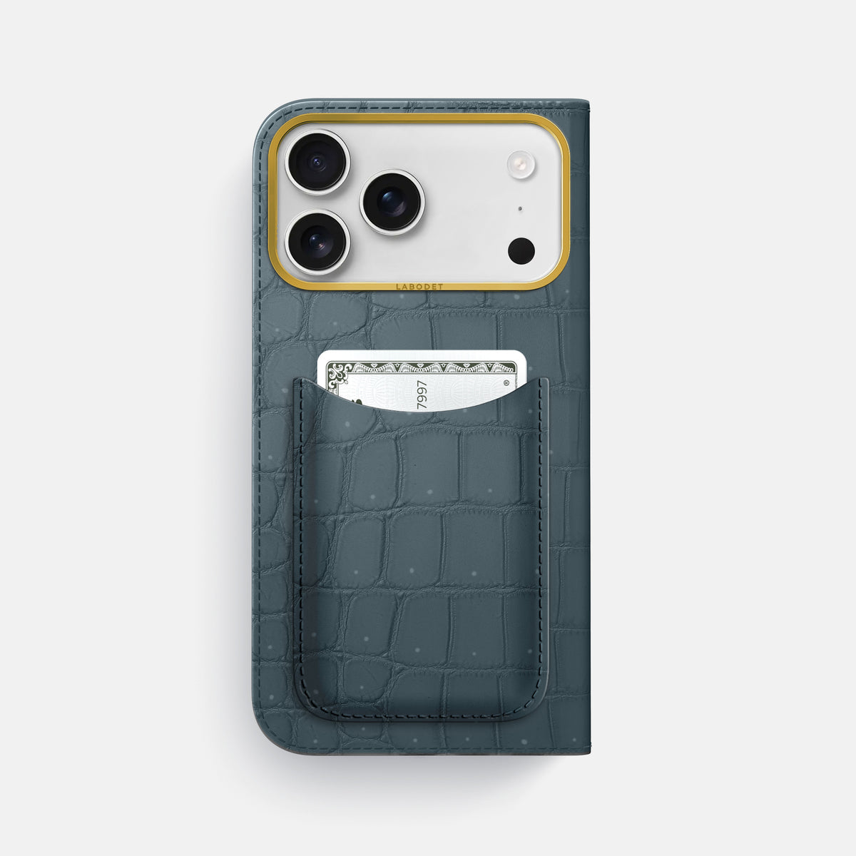 Folio Case with Card For iPhone 17 Pro Max In Porosus Crocodile -3 | Denim-Gold