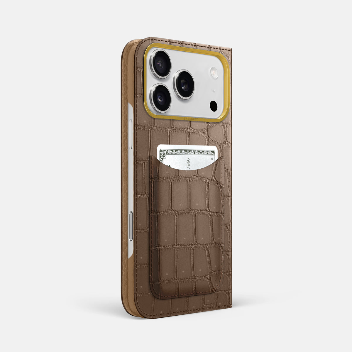 Folio Case with Card For iPhone 17 Pro Max In Porosus Crocodile -1 | Fur-Brown-Gold