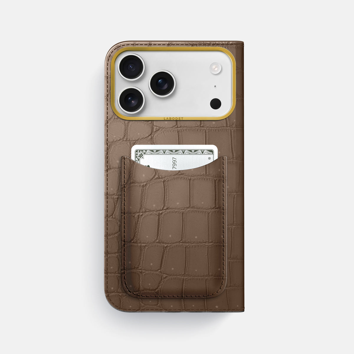 Folio Case with Card For iPhone 17 Pro Max In Porosus Crocodile -3 | Fur-Brown-Gold