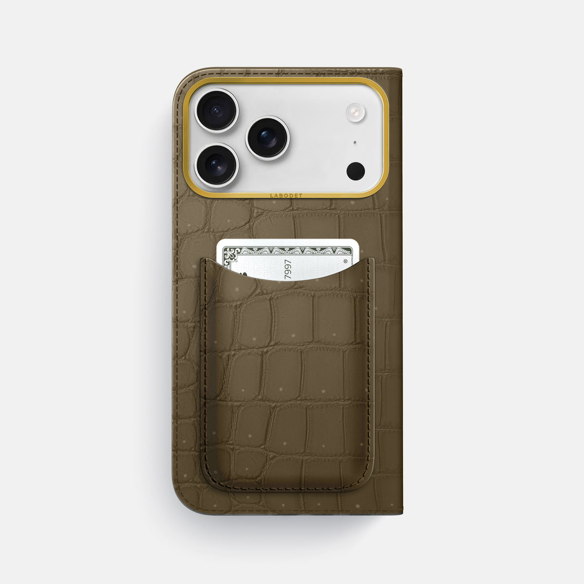 Folio Case with Card For iPhone 17 Pro Max In Porosus Crocodile -3 | Kaki-Green-Gold