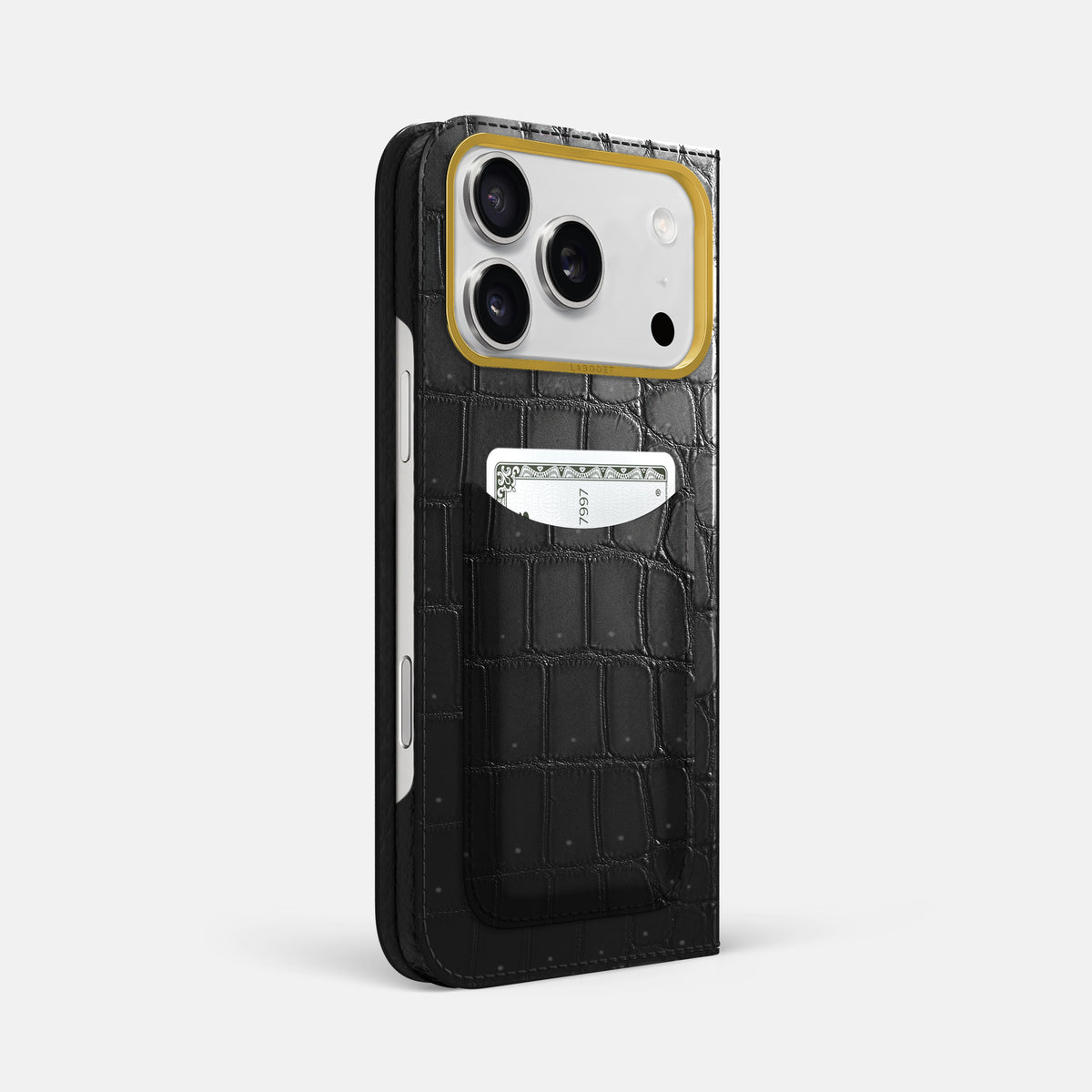 Folio Case with Card For iPhone 17 Pro Max In Porosus Crocodile -1 | Shiny-Black-Gold