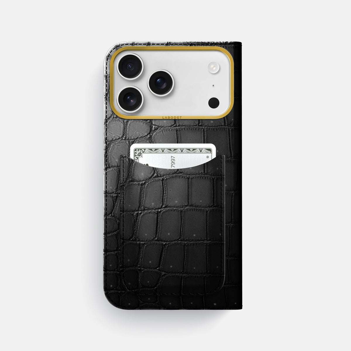 Folio Case with Card For iPhone 17 Pro Max In Porosus Crocodile -3 | Shiny-Black-Gold