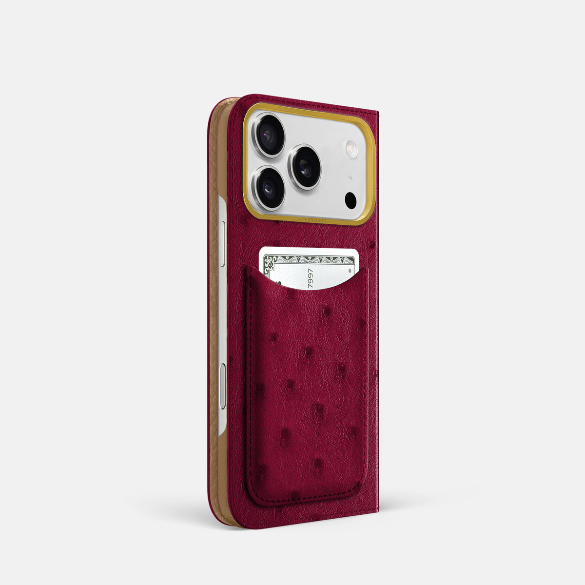 Folio Case with Card For iPhone 17 Pro In Ostrich -1 | Bordeaux-Gold