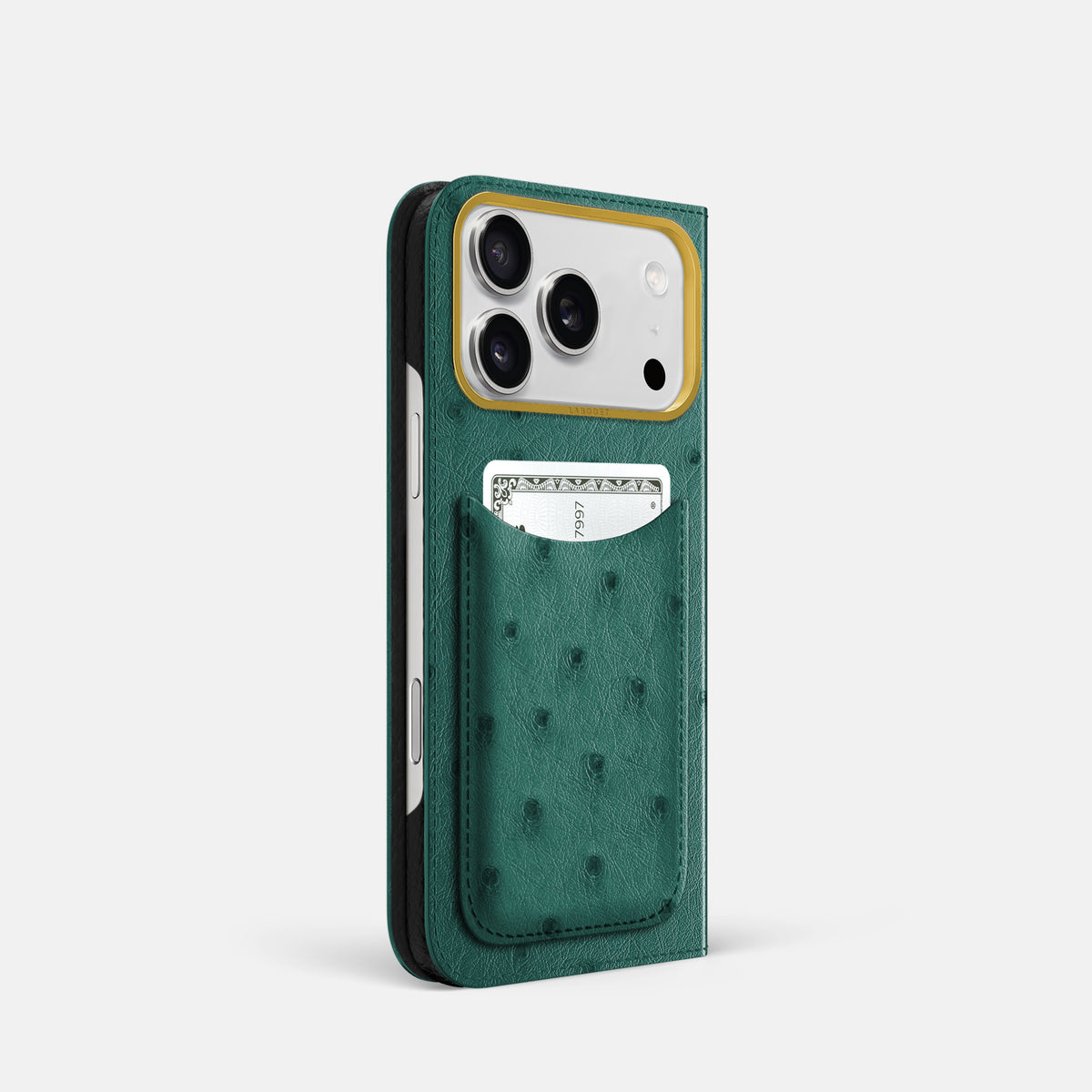 Folio Case with Card For iPhone 17 Pro In Ostrich -1 | Forest-Green-Gold