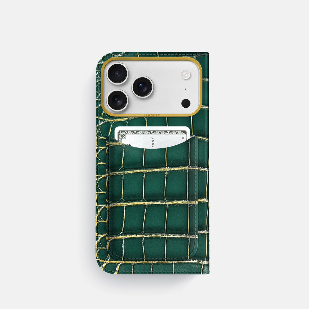 Folio Case with Card For iPhone 17 Pro In Patina Alligator -3 | Cambridge-Gold