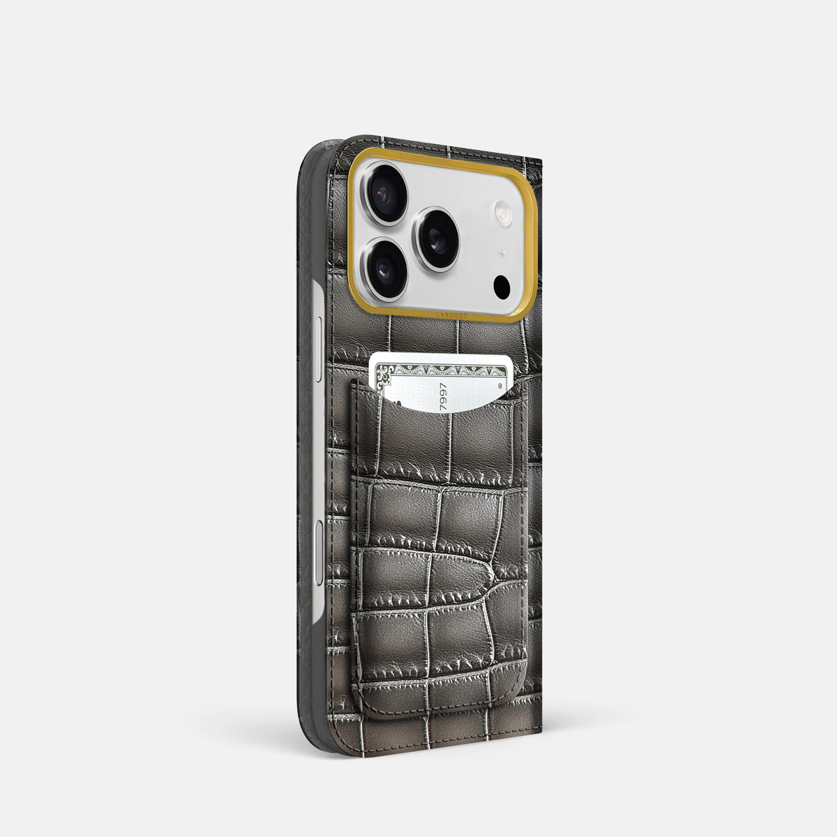 Folio Case with Card For iPhone 17 Pro In Patina Alligator -1 | Grey-Gold