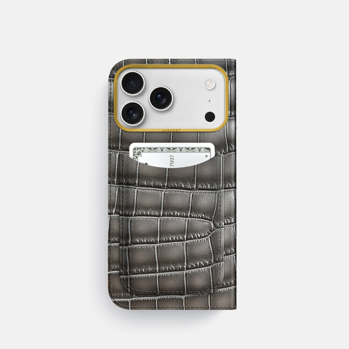 Folio Case with Card For iPhone 17 Pro In Patina Alligator -3 | Grey-Gold