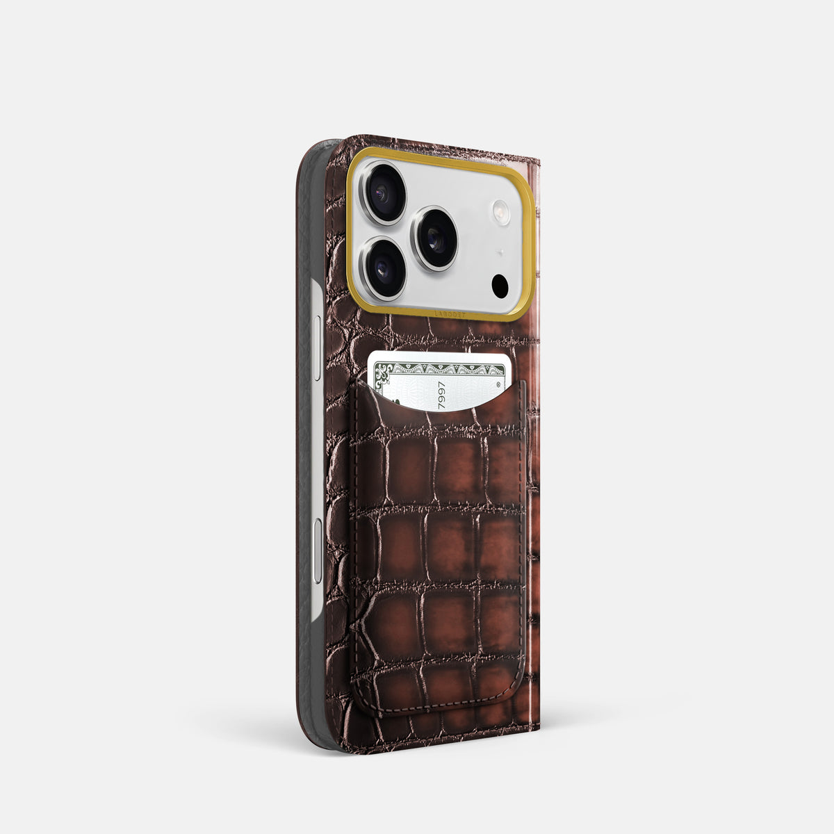 Folio Case with Card For iPhone 17 Pro In Patina Alligator -1 | Havana-Brown-Gold