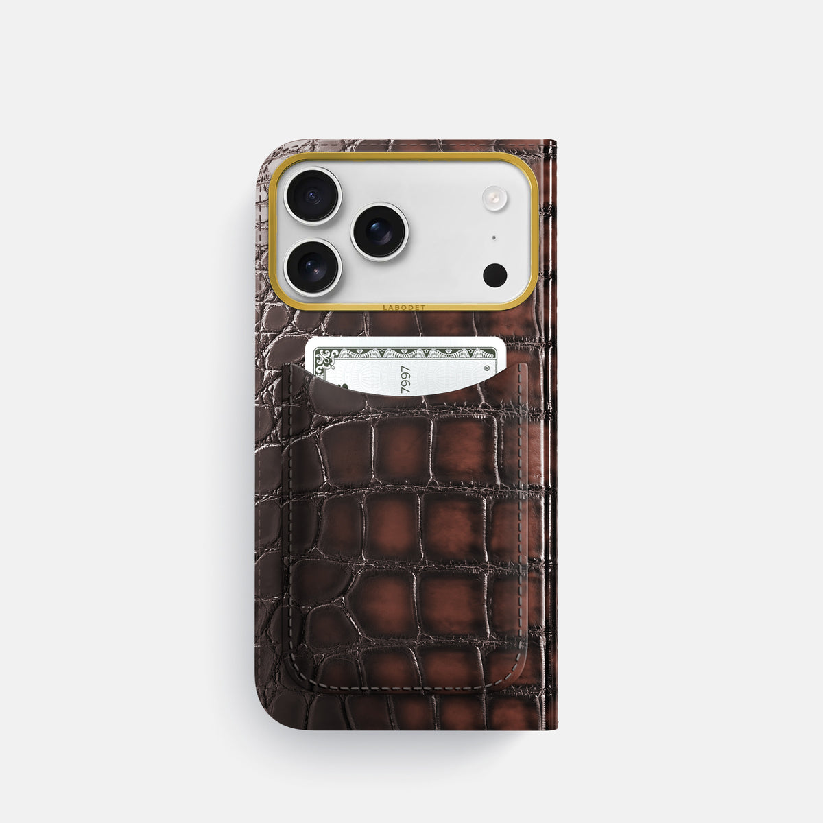 Folio Case with Card For iPhone 17 Pro In Patina Alligator -3 | Havana-Brown-Gold