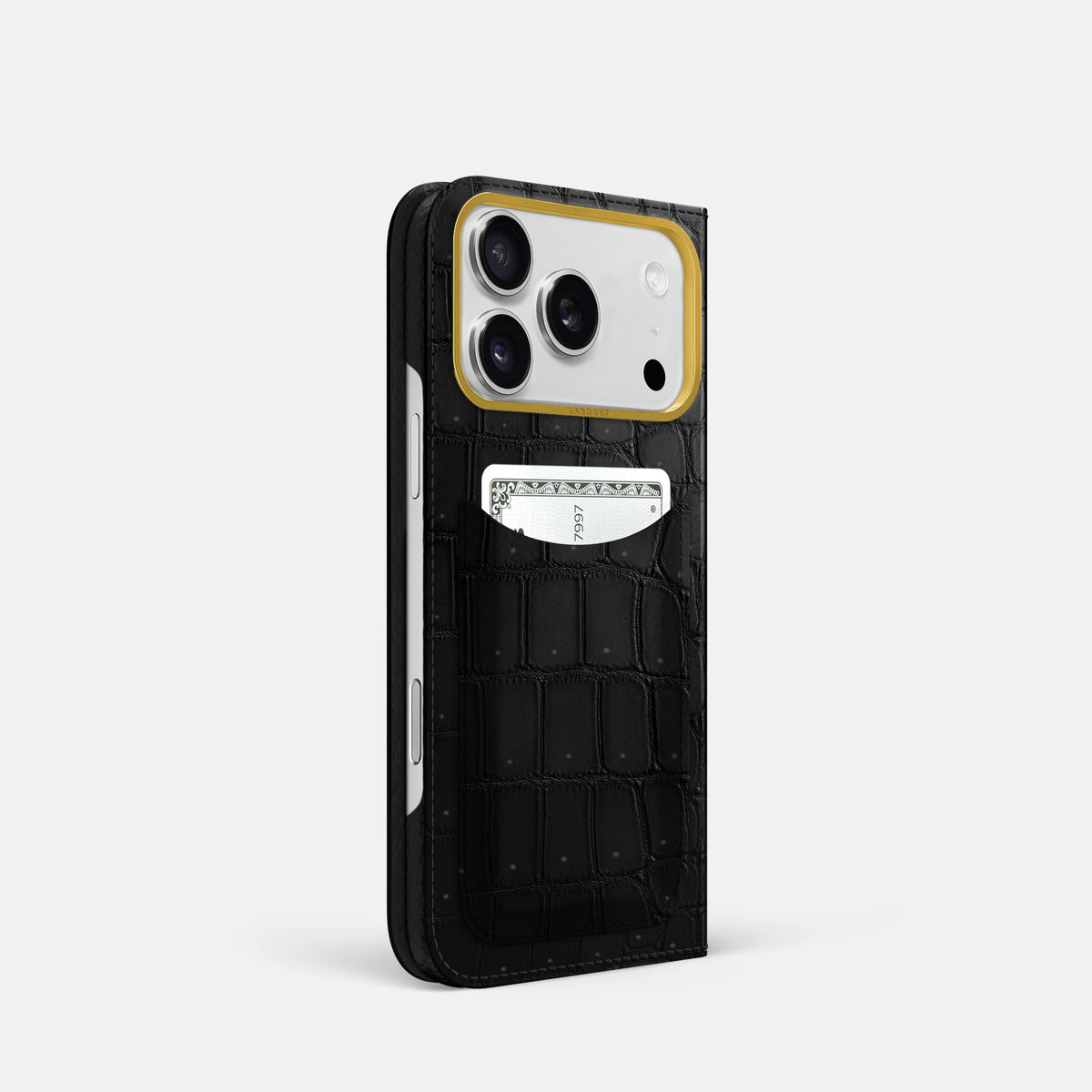 Folio Case with Card For iPhone 17 Pro In Porosus Crocodile -1 | Black-Gold