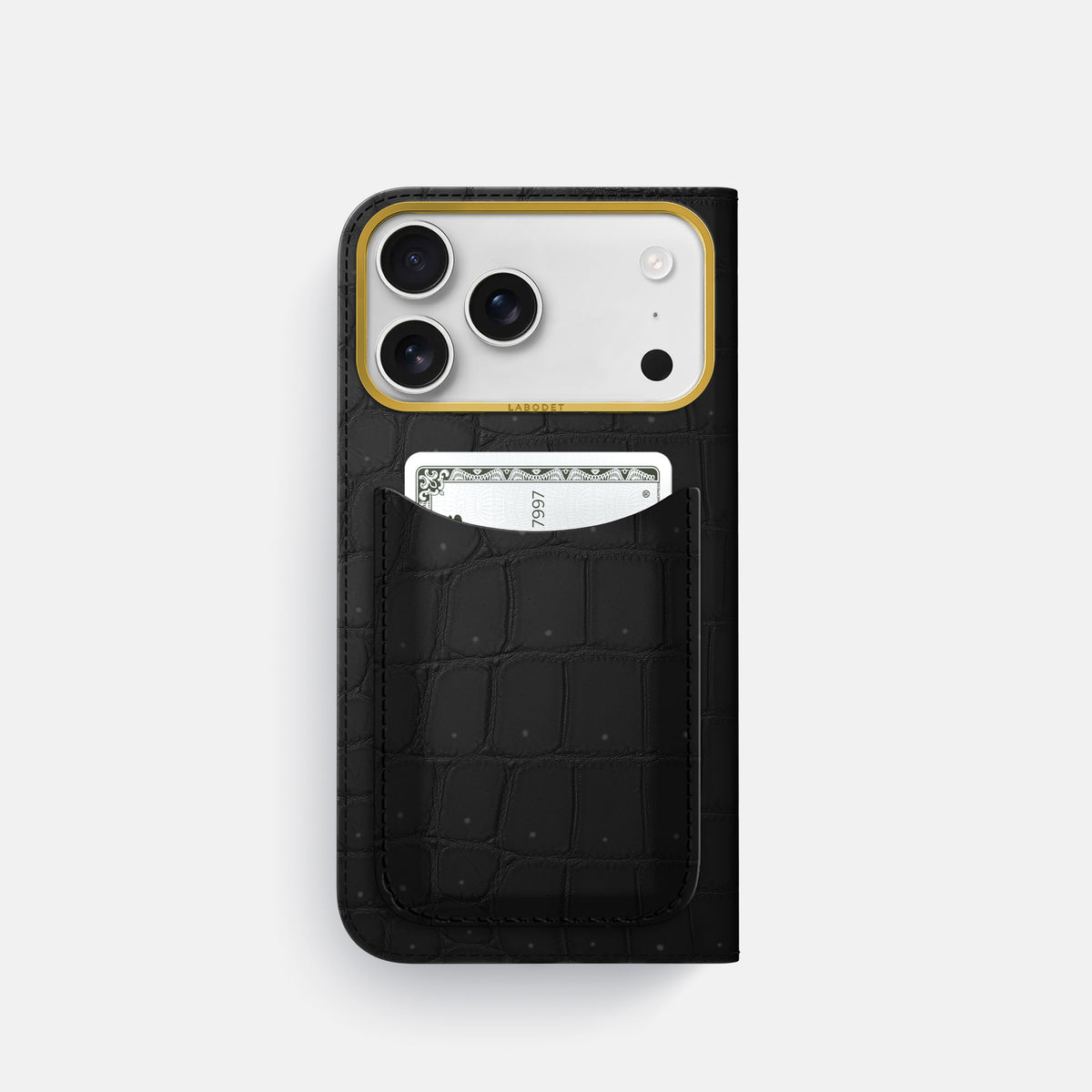 Folio Case with Card For iPhone 17 Pro In Porosus Crocodile -3 | Black-Gold