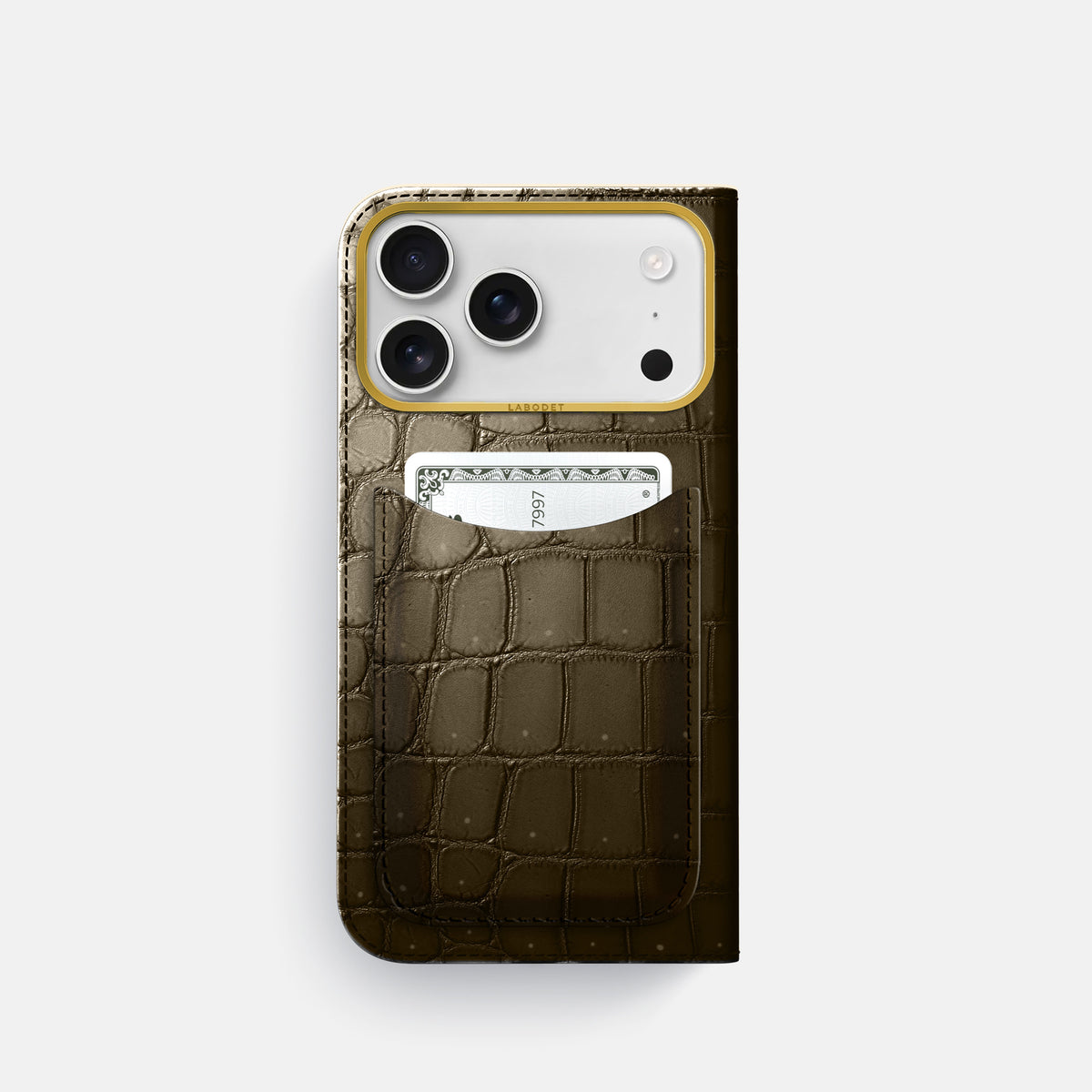 Folio Case with Card For iPhone 17 Pro In Porosus Crocodile -3 | Bronze-Gold
