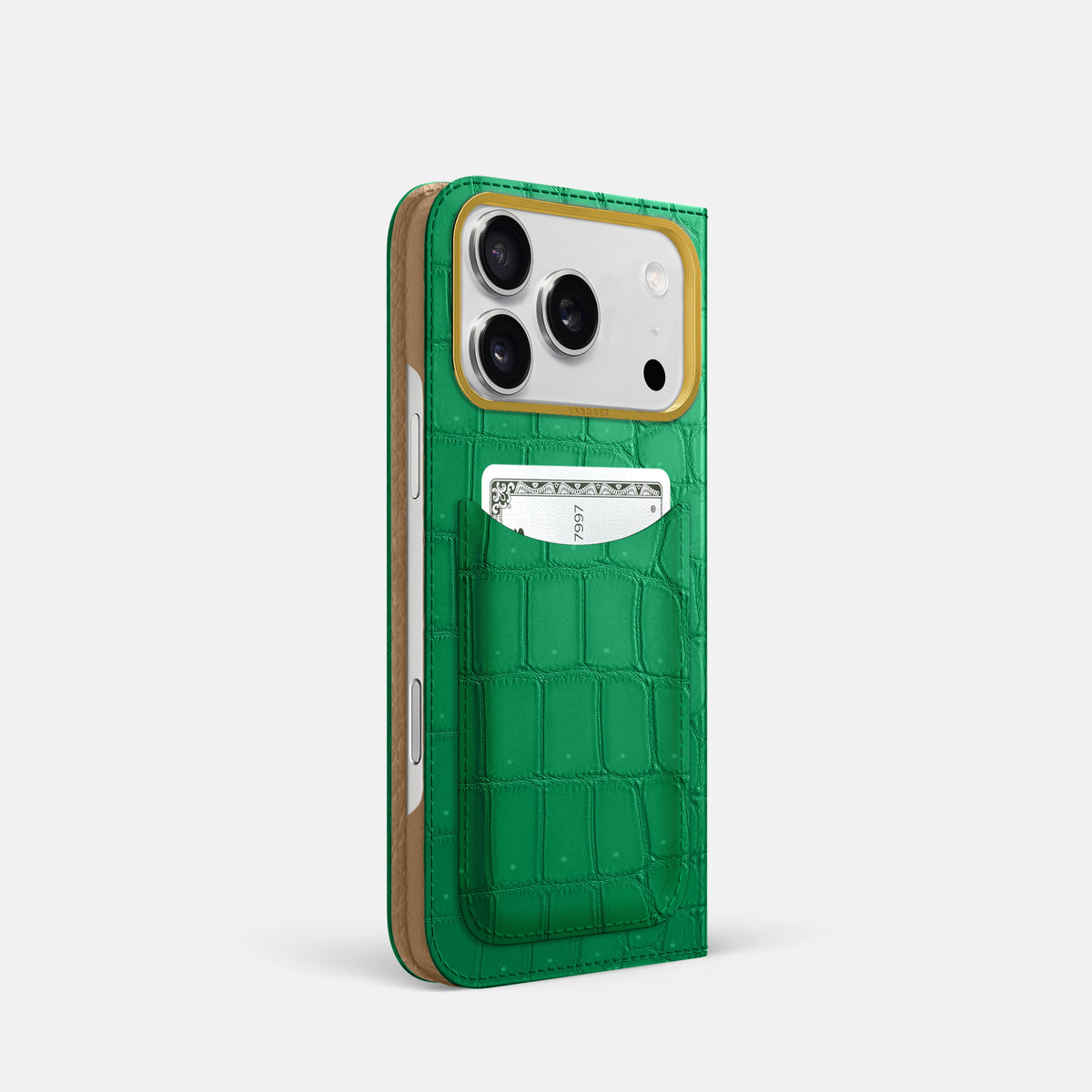 Folio Case with Card For iPhone 17 Pro In Porosus Crocodile -1 | Cactus-Green-Gold