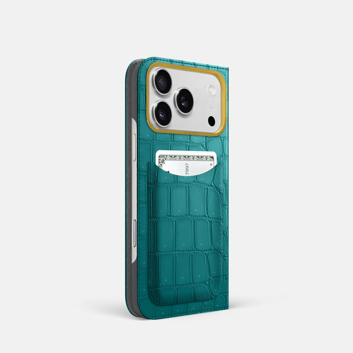 Folio Case with Card For iPhone 17 Pro In Porosus Crocodile -1 | Celadon-Gold