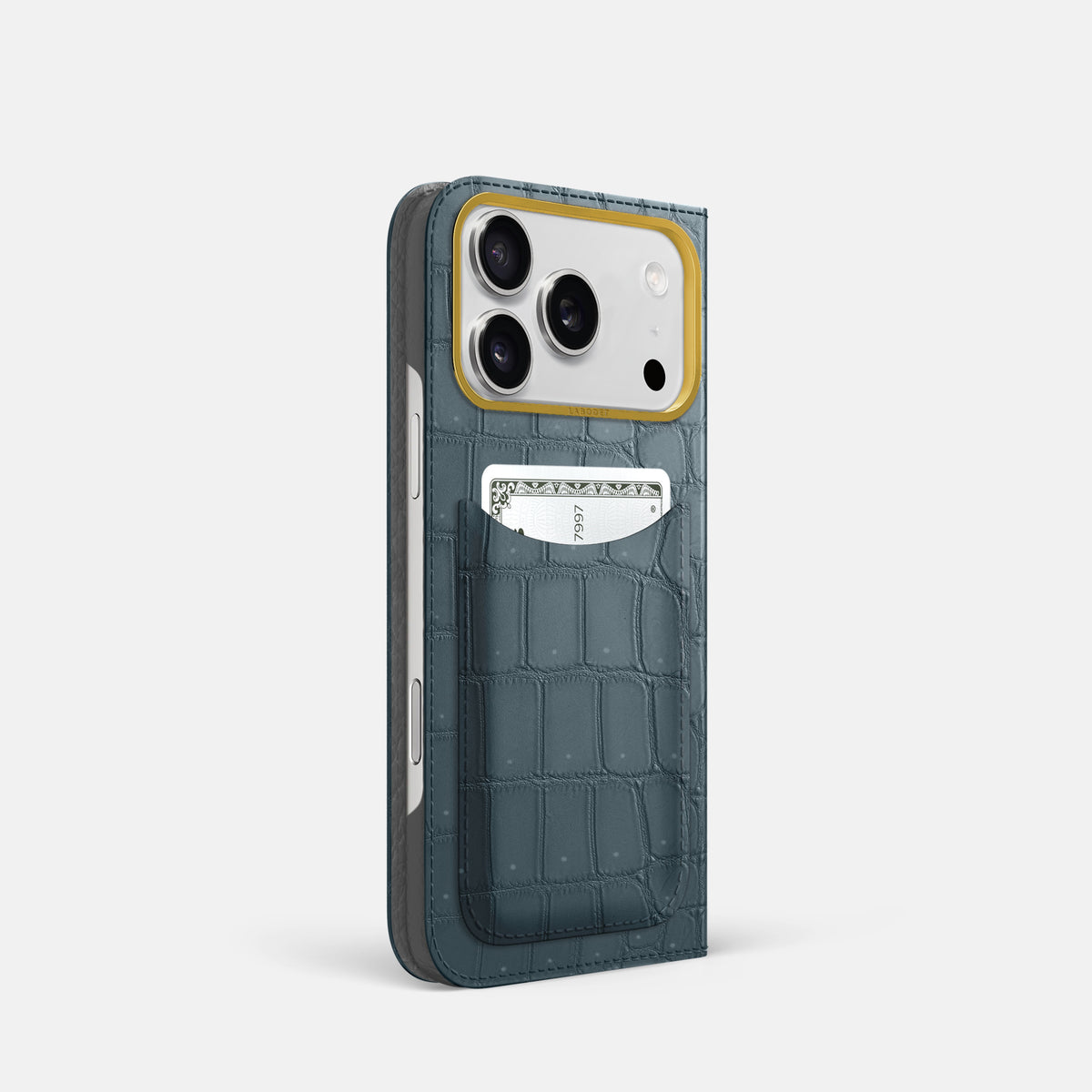 Folio Case with Card For iPhone 17 Pro In Porosus Crocodile -1 | Denim-Gold
