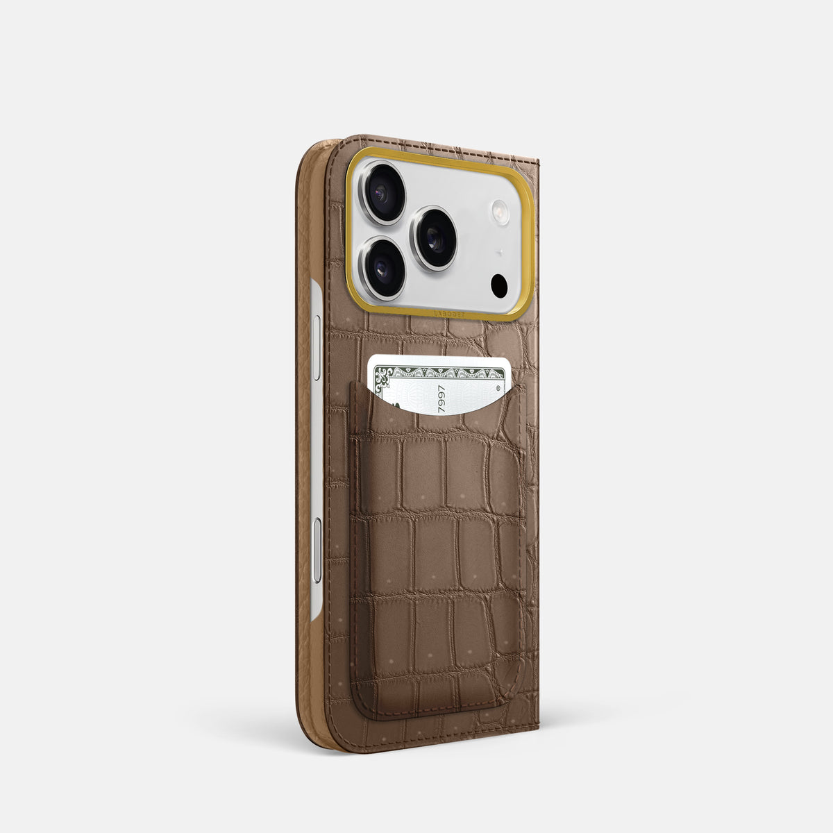 Folio Case with Card For iPhone 17 Pro In Porosus Crocodile -1 | Fur-Brown-Gold