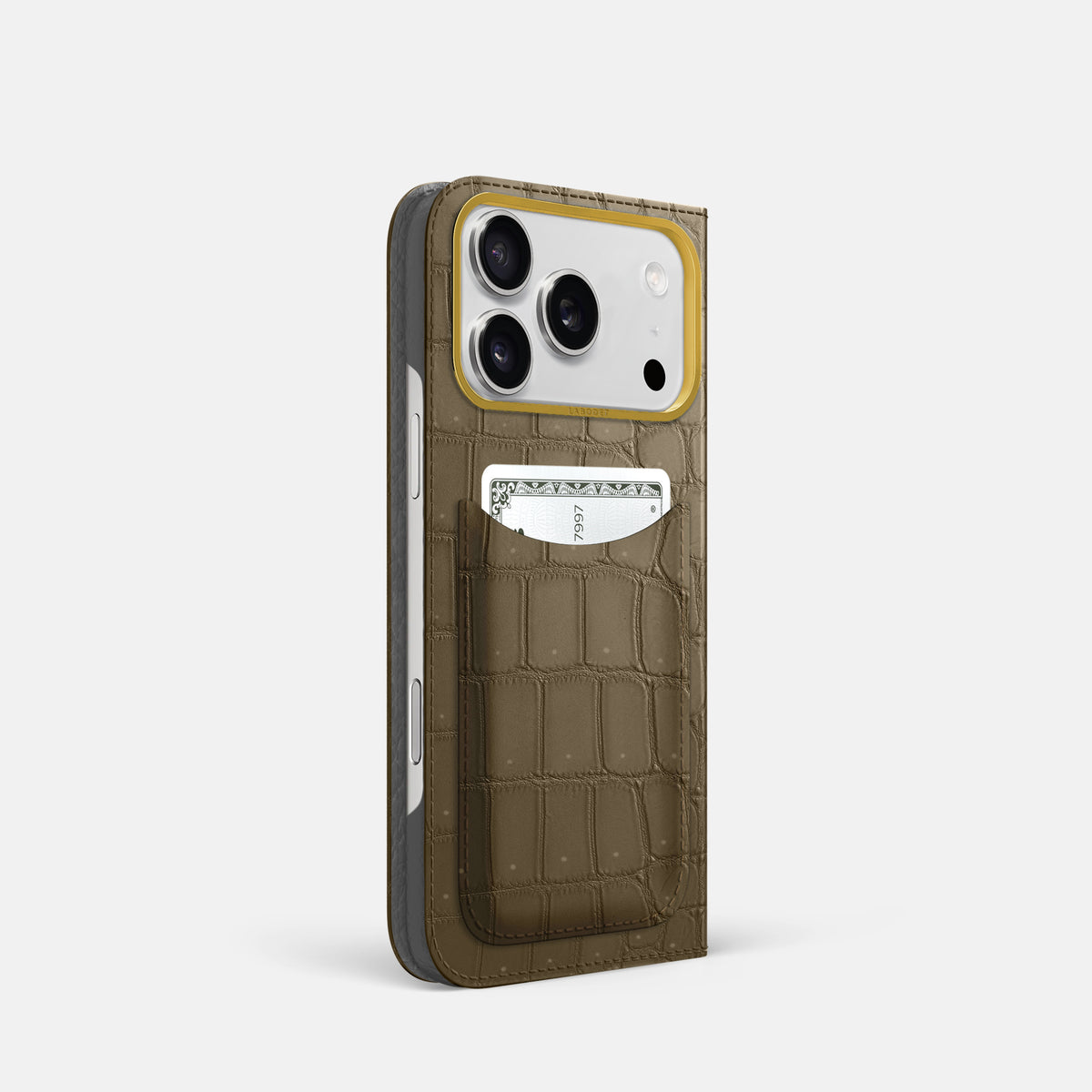 Folio Case with Card For iPhone 17 Pro In Porosus Crocodile -1 | Kaki-Green-Gold