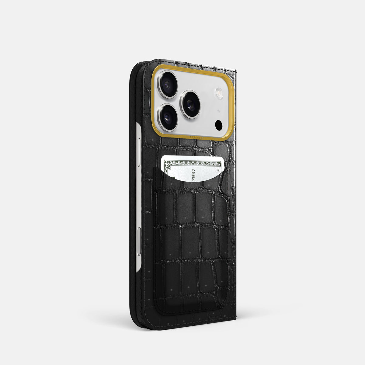 Folio Case with Card For iPhone 17 Pro In Porosus Crocodile -1 | Shiny-Black-Gold