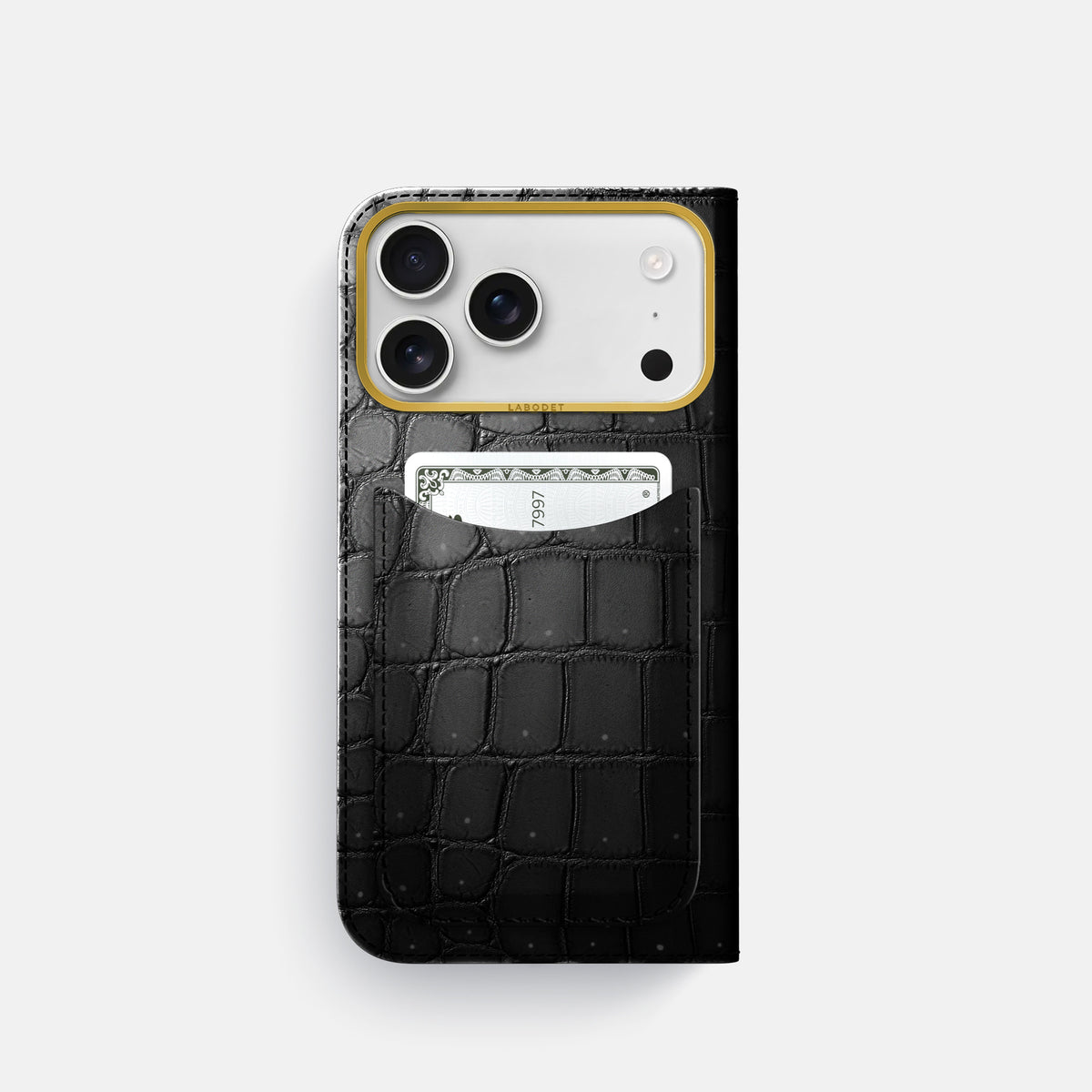 Folio Case with Card For iPhone 17 Pro In Porosus Crocodile -3 | Shiny-Black-Gold