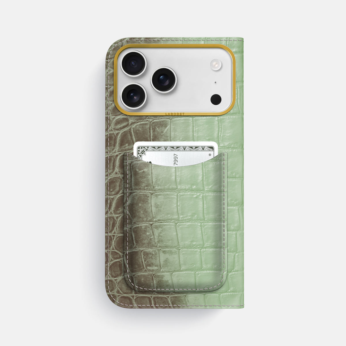 Folio Case with Card For iPhone 18 Pro Max In Himalayan Crocodile -3 | Pistachio-Gold