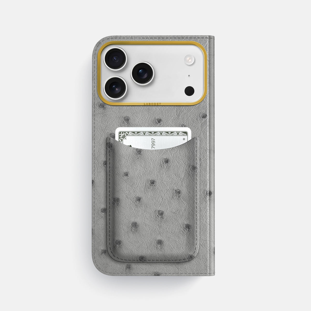 Folio Case with Card For iPhone 18 Pro Max In Ostrich -3 | Silver-Gold