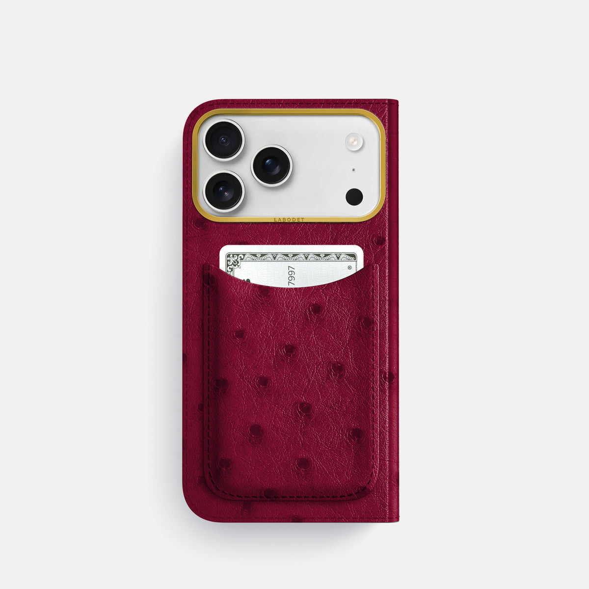 Folio Case with Card For iPhone 18 Pro In Ostrich -3 | Bordeaux-Gold