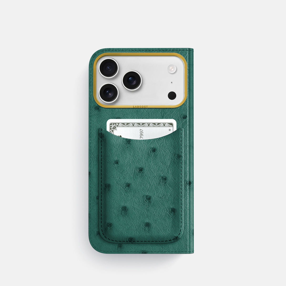 Folio Case with Card For iPhone 18 Pro In Ostrich -3 | Forest-Green-Gold