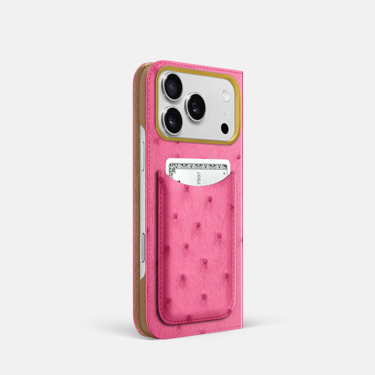 Folio Case with Card For iPhone 18 Pro In Ostrich -1 | Pink-Gold