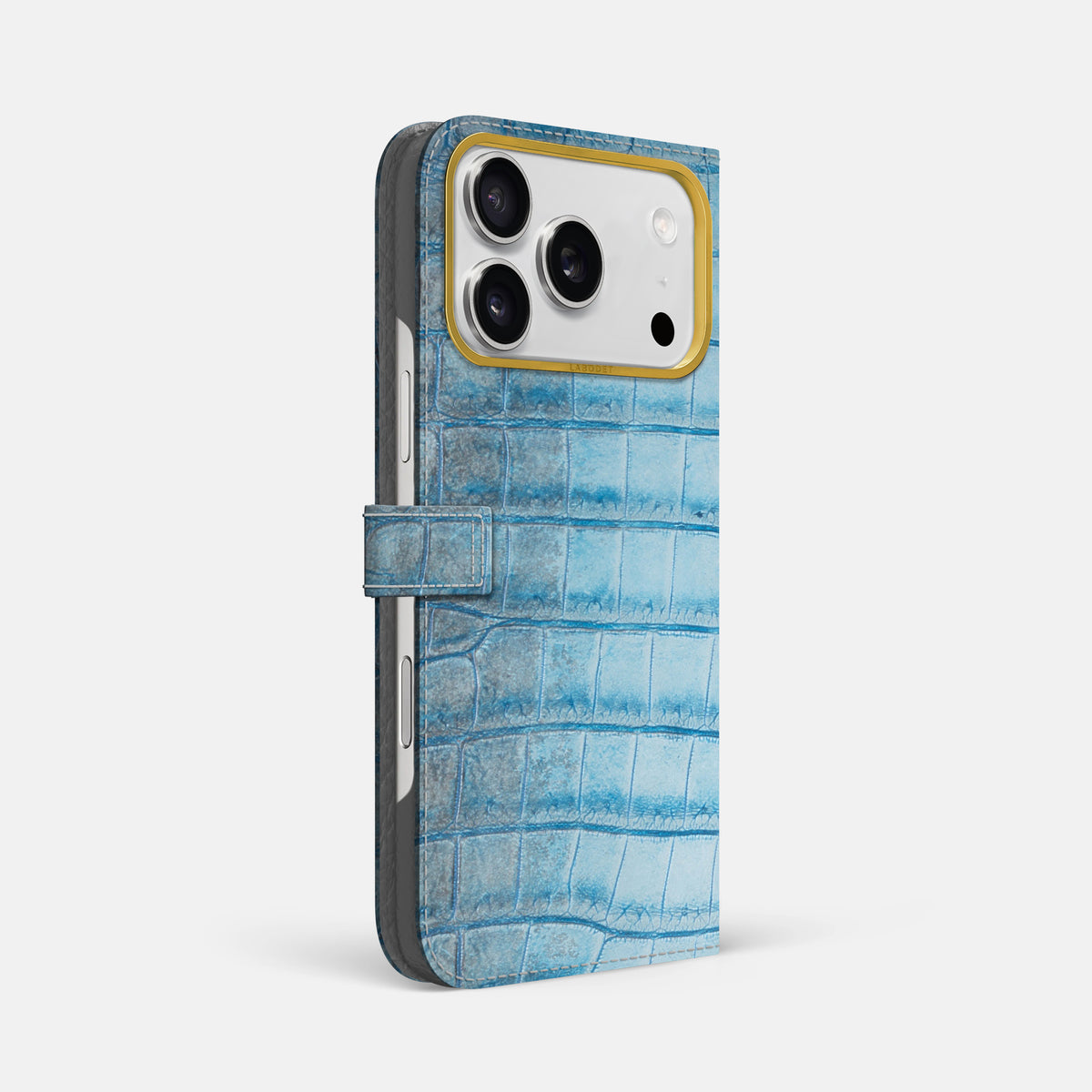 Folio Case with Clasp For iPhone 18 Pro Max In Himalayan Crocodile -1 | Ice-Blue-Gold