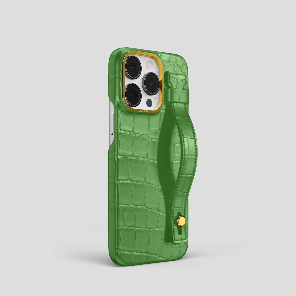 Apple-Green iPhone 14 Pro Hand Strap Case Alligator with Gold Metal -2 | Apple-Green-Gold