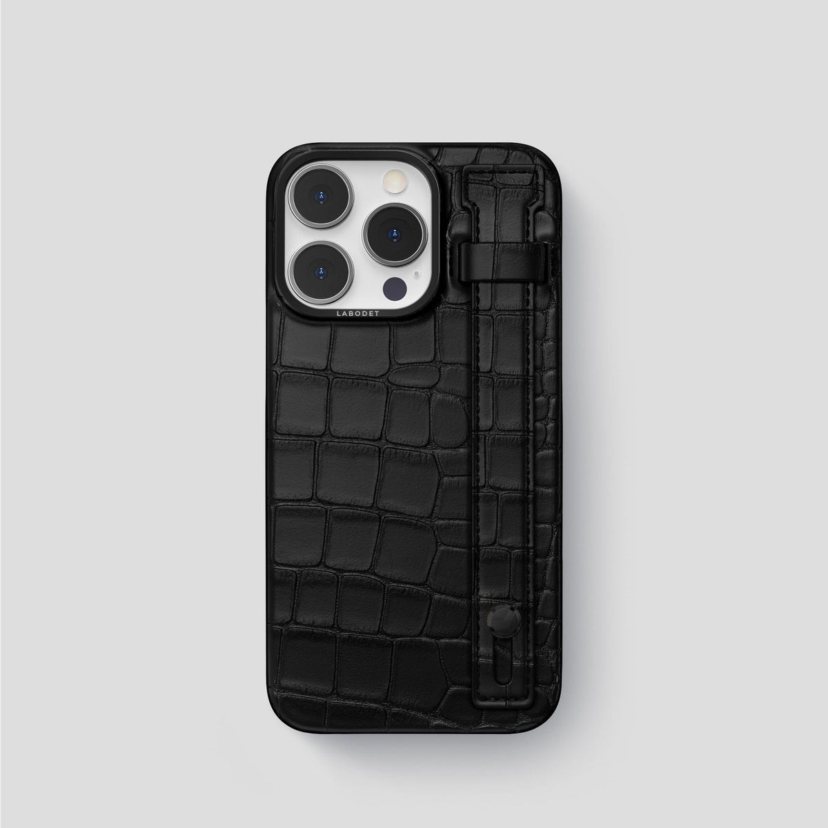 Black iPhone 14 Pro Hand Strap Case Alligator with Black Metal -1 | Black-Black
