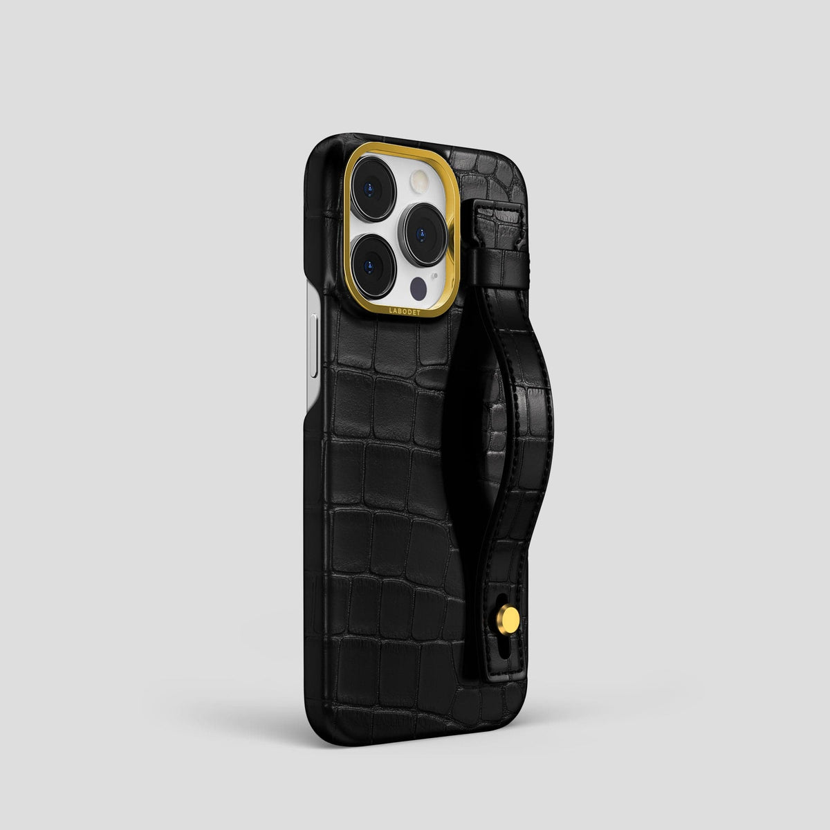 Black iPhone 14 Pro Hand Strap Case Alligator with Gold Metal -2 | Black-Gold