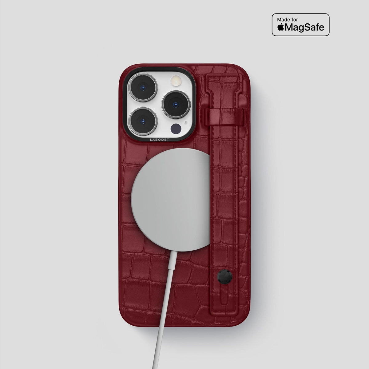 Burgundy iPhone 14 Pro Hand Strap Case Alligator with Black Metal -4 | Burgundy-Black
