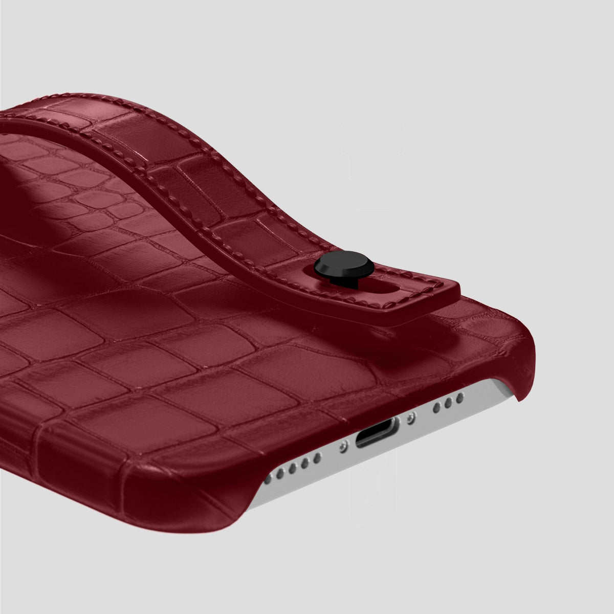 Burgundy iPhone 14 Pro Hand Strap Case Alligator with Black Metal -5 | Burgundy-Black