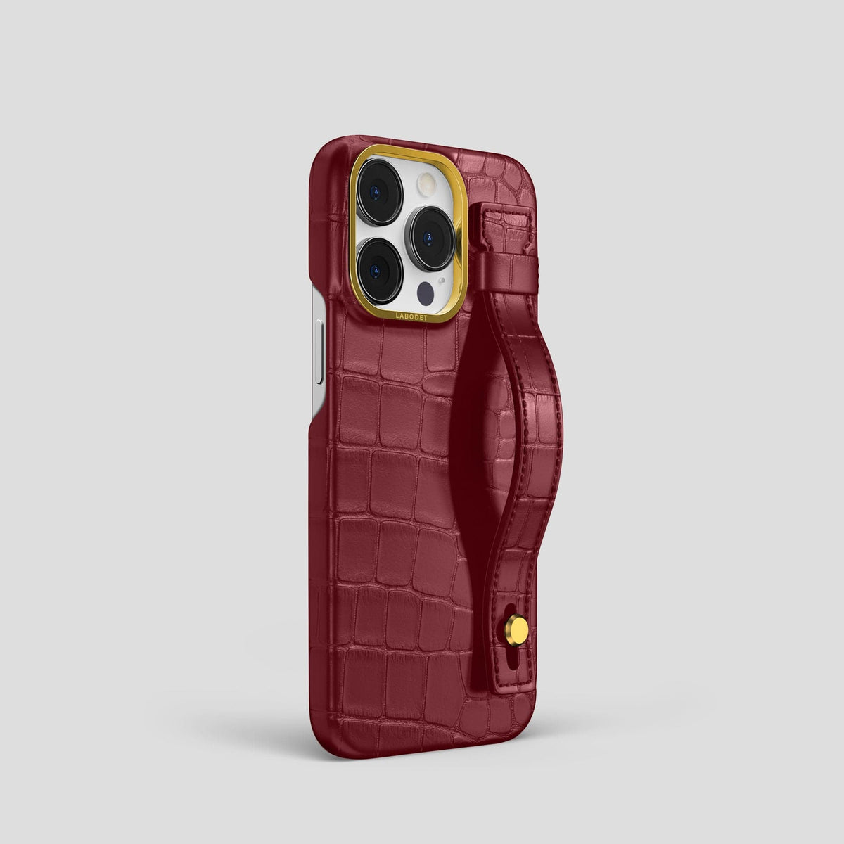 Burgundy iPhone 14 Pro Hand Strap Case Alligator with Gold Metal -2 | Burgundy-Gold