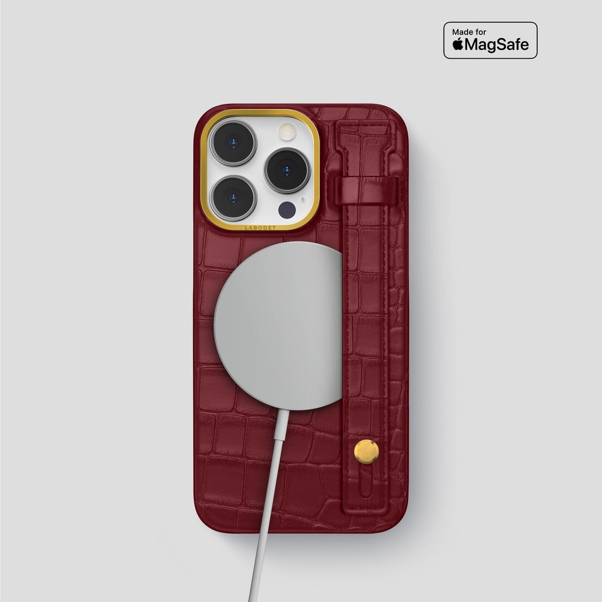 Burgundy iPhone 14 Pro Hand Strap Case Alligator with Gold Metal -4 | Burgundy-Gold