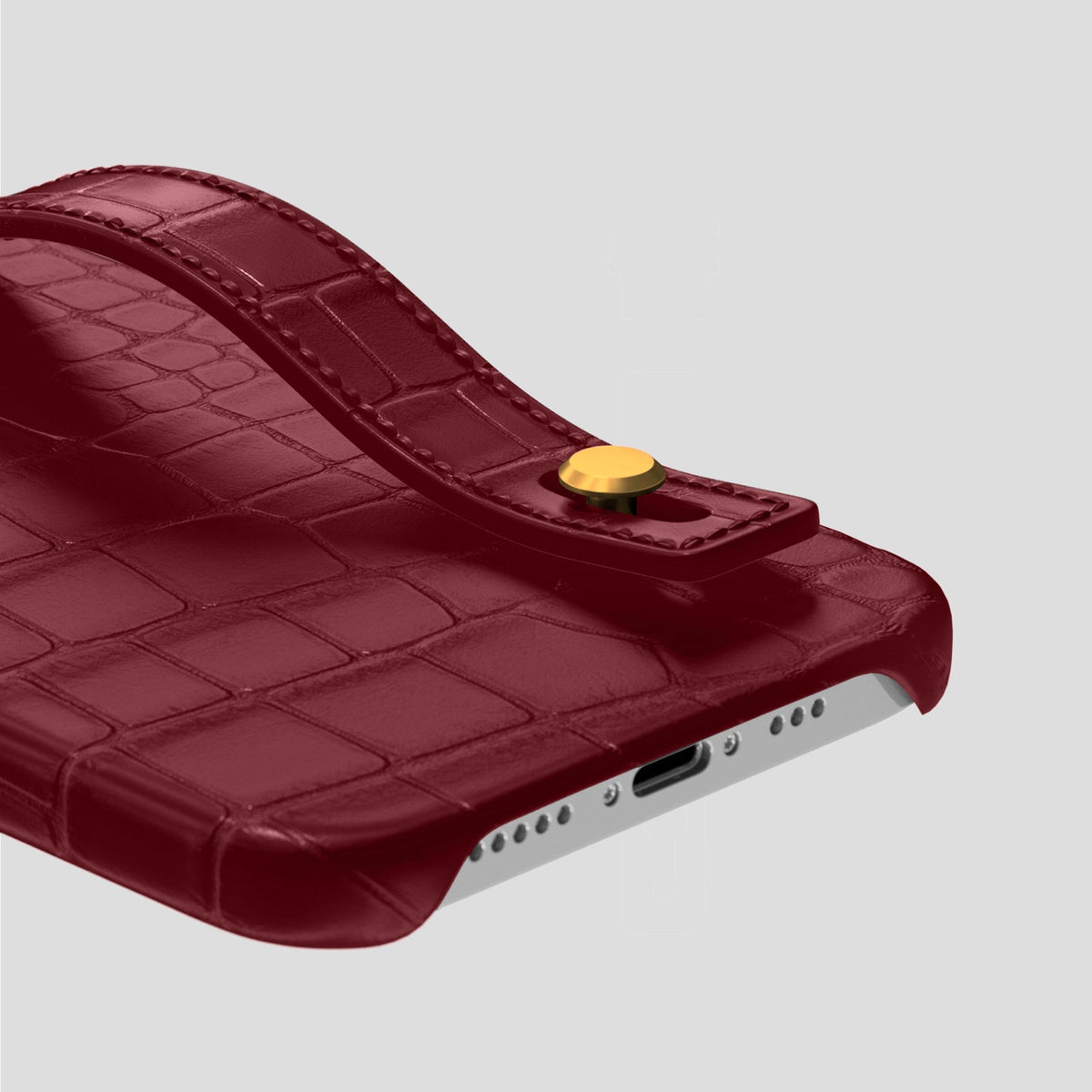 Burgundy iPhone 14 Pro Hand Strap Case Alligator with Gold Metal -5 | Burgundy-Gold
