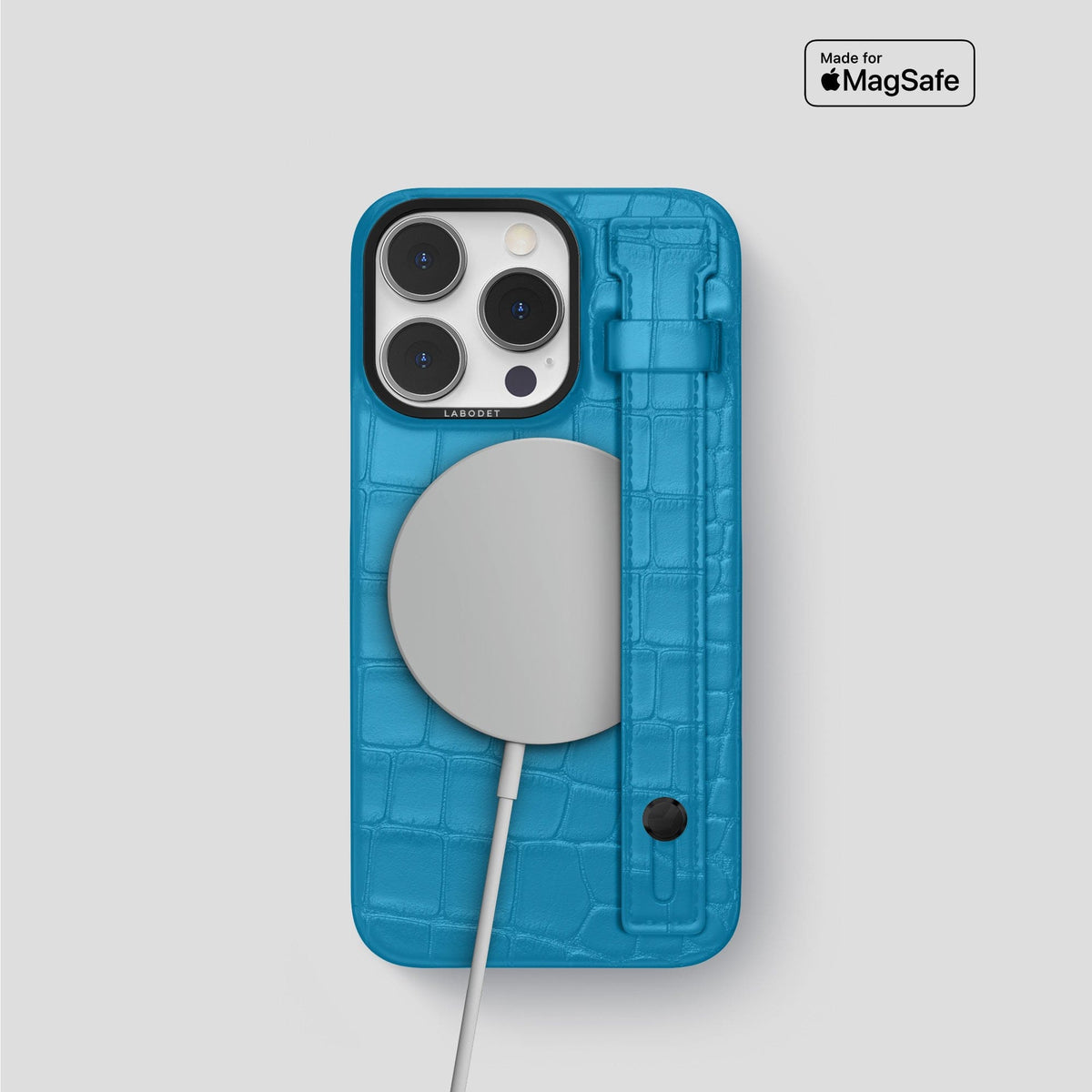 Curaçao-Blue iPhone 14 Pro Hand Strap Case Alligator with Black Metal -4 | Curaçao-Blue-Black