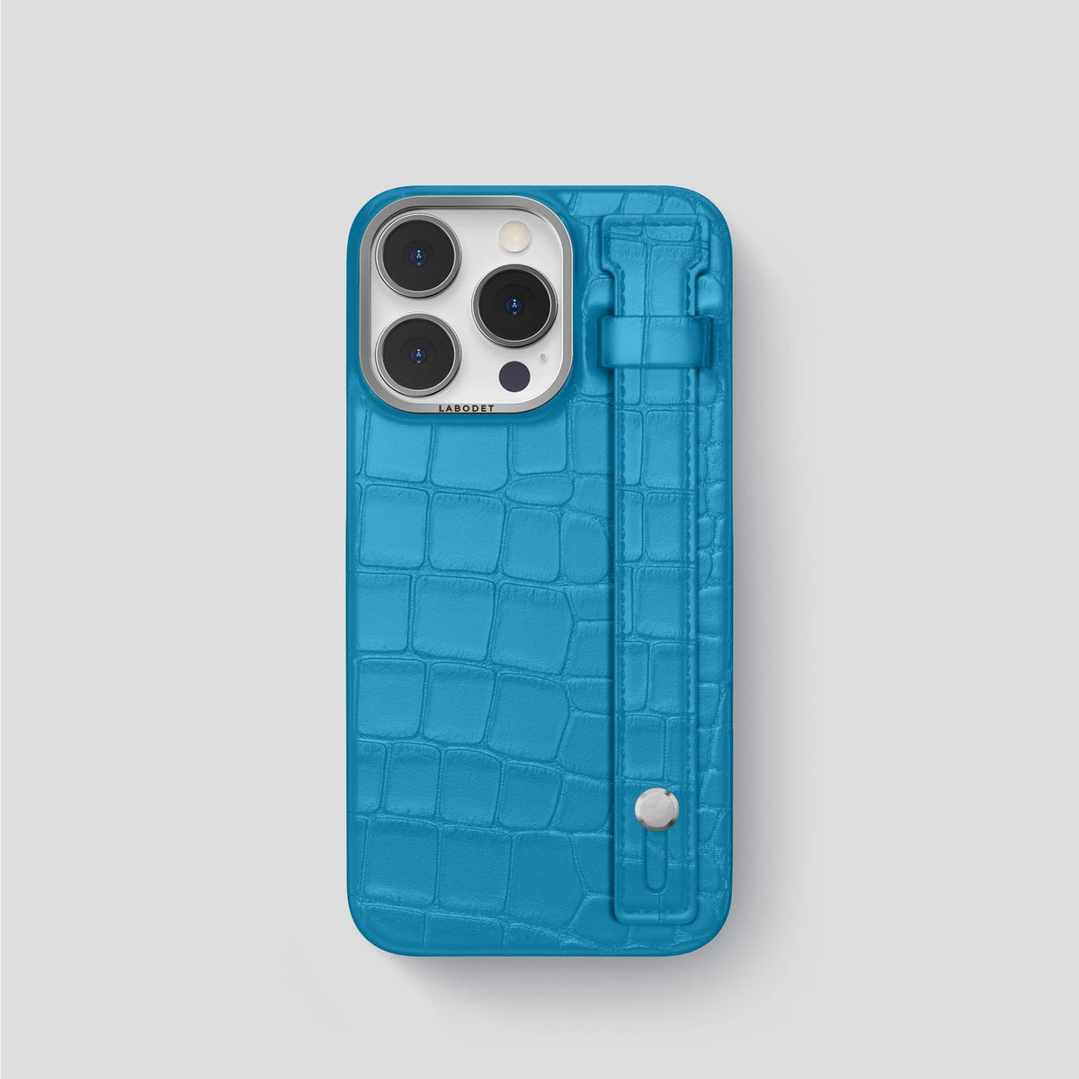Curaçao-Blue iPhone 14 Pro Hand Strap Case Alligator with Steel Metal -1 | Curaçao-Blue-Steel