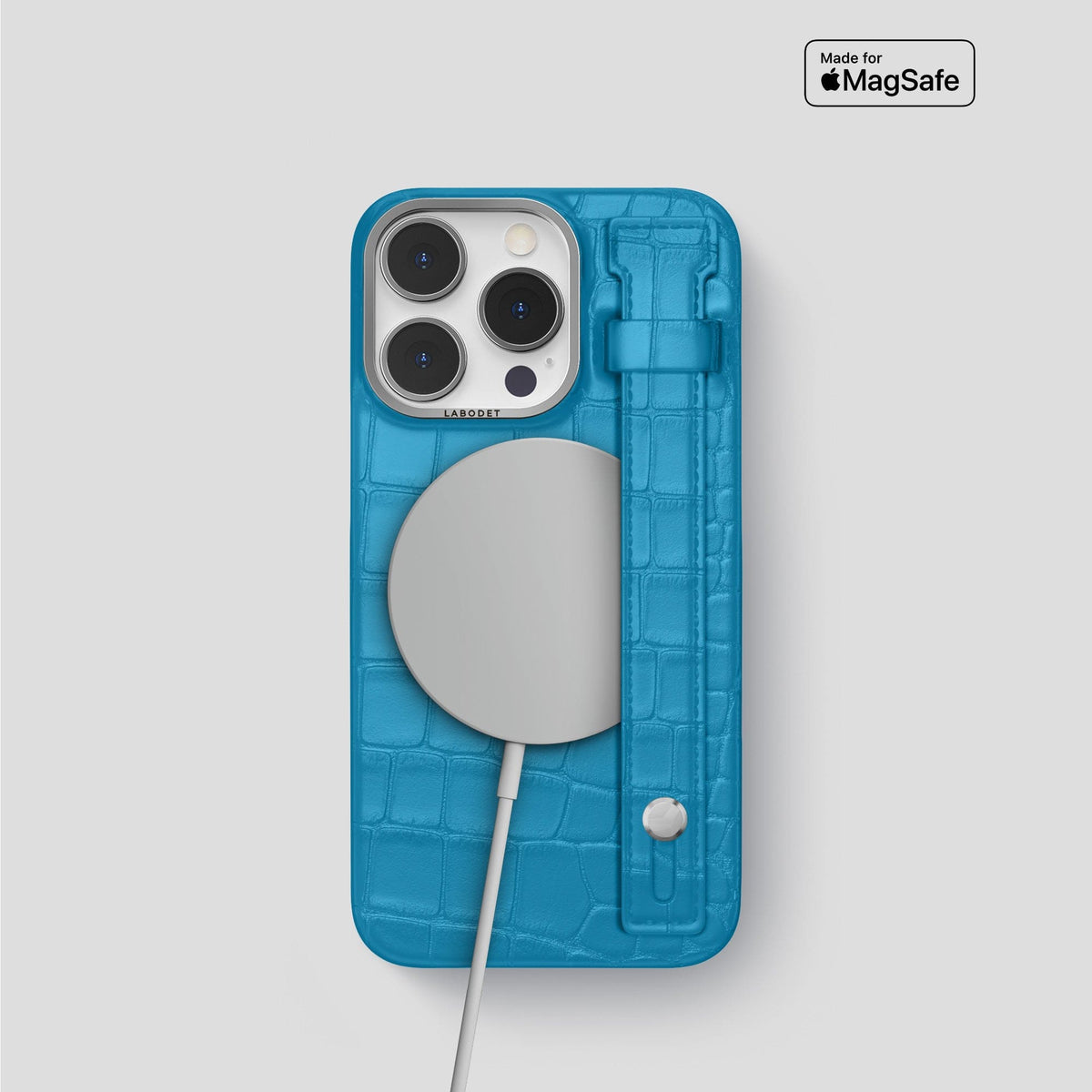 Curaçao-Blue iPhone 14 Pro Hand Strap Case Alligator with Steel Metal -4 | Curaçao-Blue-Steel