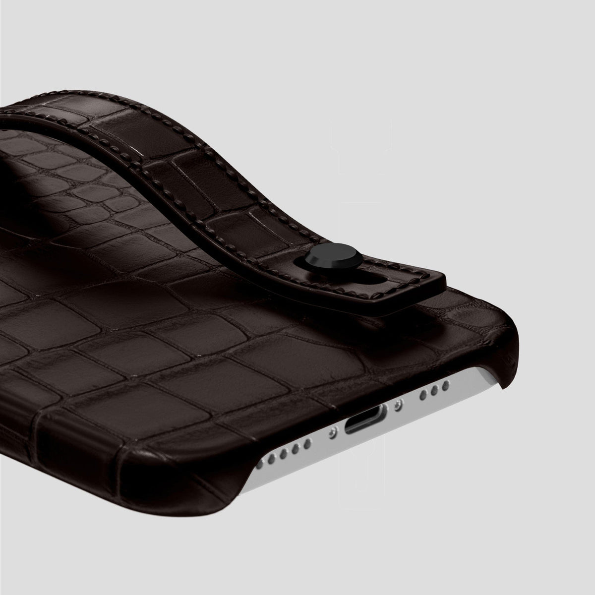 Dark Brown iPhone 14 Pro Hand Strap Case Alligator with Black Metal -5 | Dark-Brown-Black