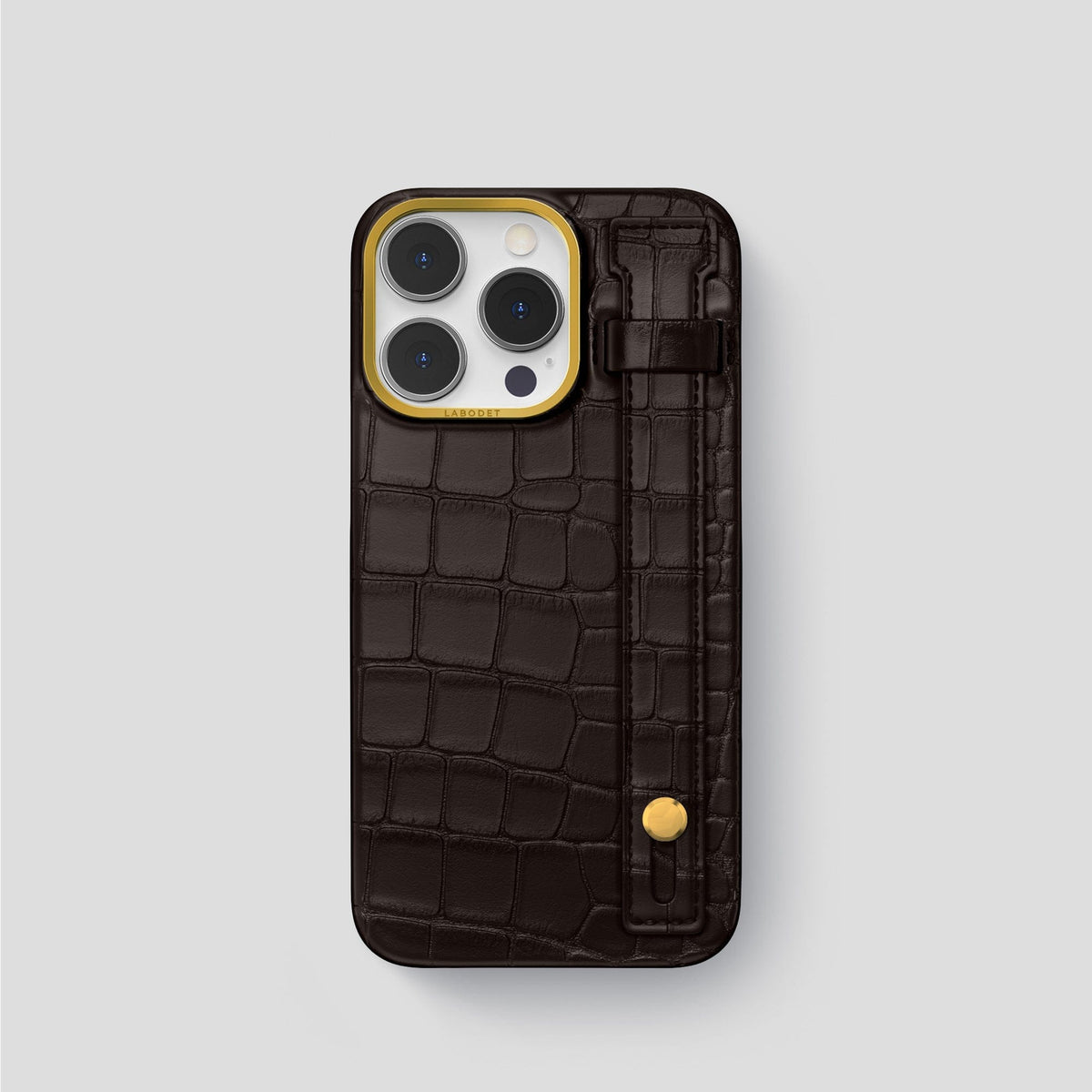 Dark Brown iPhone 14 Pro Hand Strap Case Alligator with Gold Metal -1 | Dark-Brown-Gold