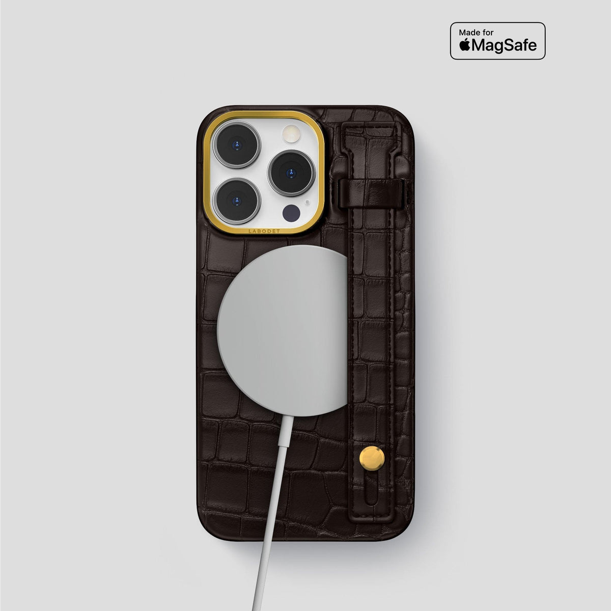 Dark Brown iPhone 14 Pro Hand Strap Case Alligator with Gold Metal -4 | Dark-Brown-Gold