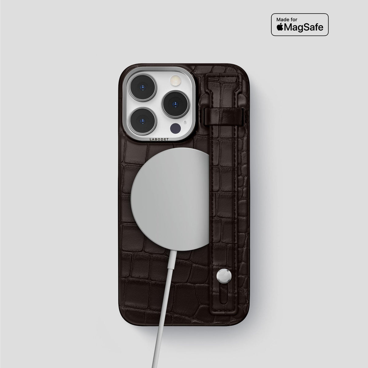 Dark Brown iPhone 14 Pro Hand Strap Case Alligator with Steel Metal -4 | Dark-Brown-Steel