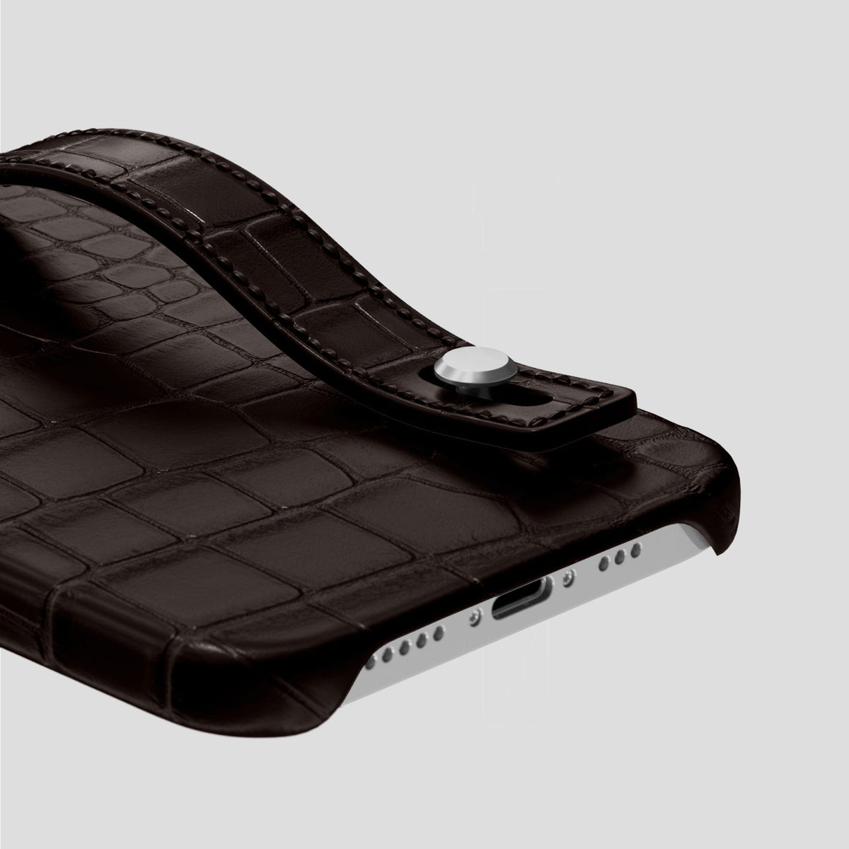 Dark Brown iPhone 14 Pro Hand Strap Case Alligator with Steel Metal -5 | Dark-Brown-Steel